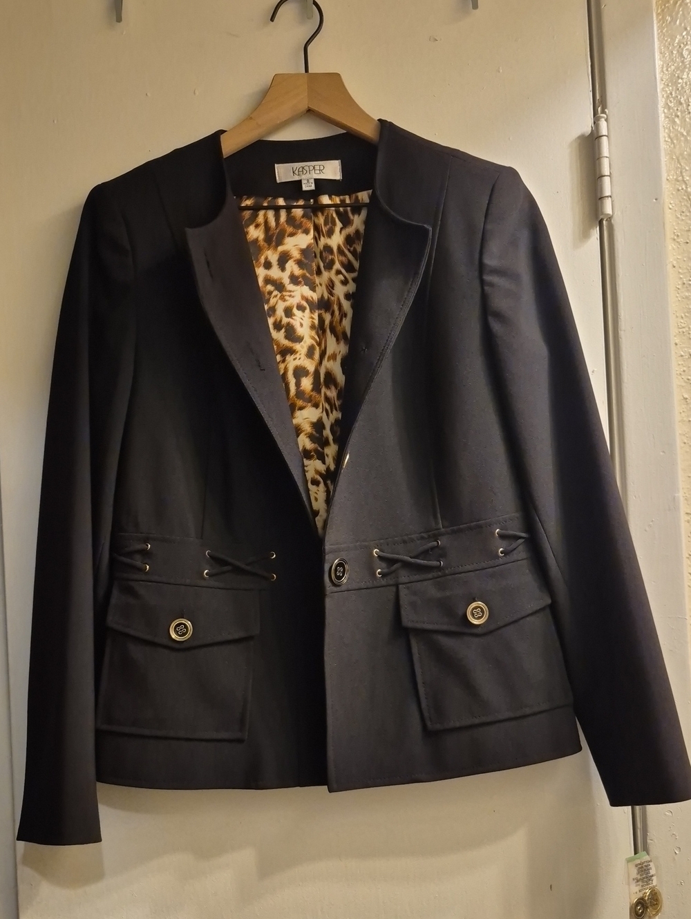 Kasper Black Blazer with Leopard-Print Lining